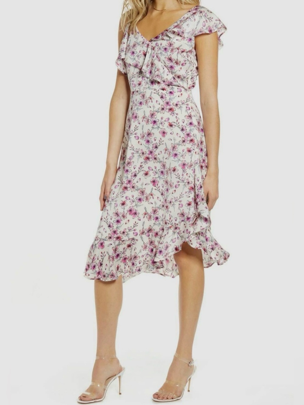 cupcakes & cashmere White Midi Dress with Pink Floral Ruffle side slit 6